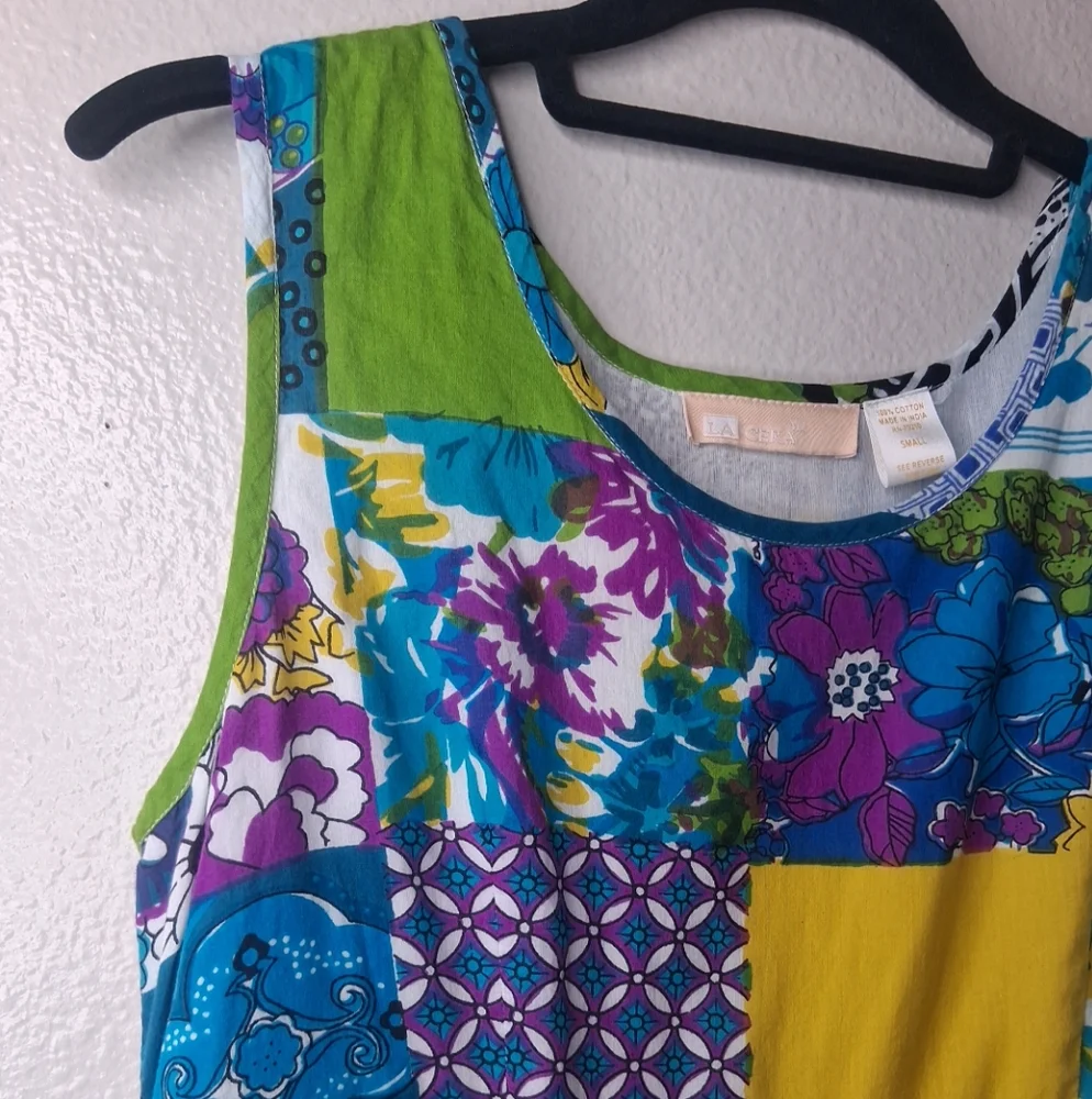 La Cera Patchwork Floral Shift Dress Boho Festival Cotton Summer Resortwear Sz S